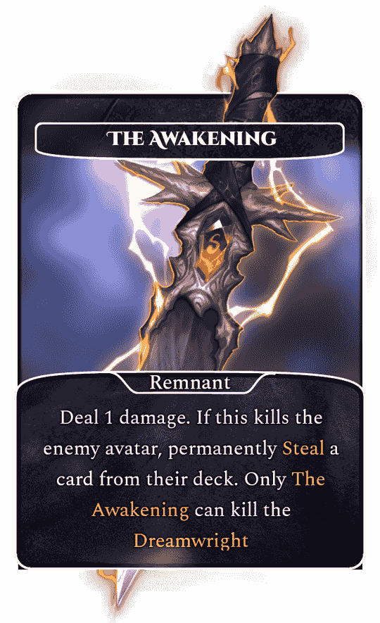 The Awakening card: a rune-set dagger wreathed in lightning. Deal 1 damage; if this kills the enemy avatar, permanently steal a card from their deck