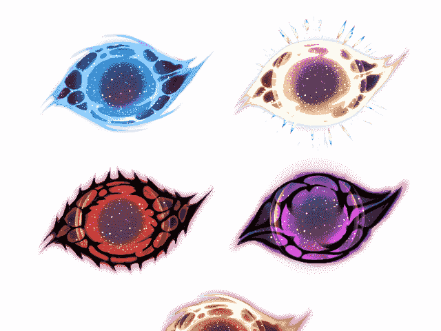 Five affinity seals rendered as star-filled eyes in blue, white, red, violet and gold