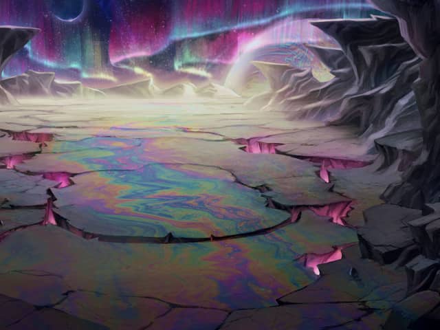 Battle background: a cracked iridescent riverbed glowing pink through its fissures under an aurora sky