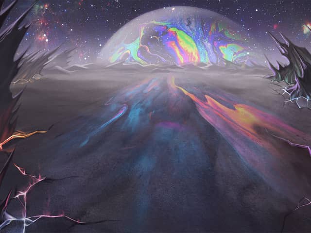 Battle background: an oil-slick valley floor running toward a marbled moon on a starfield horizon