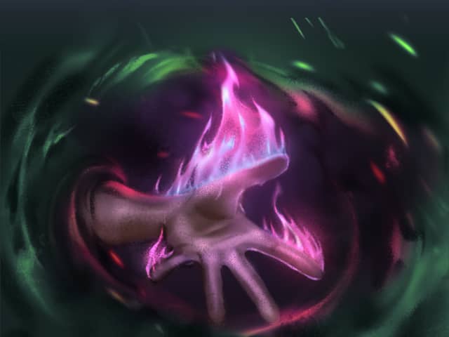 Card art for Borrowed Essence: a splayed pale hand rising out of a dark hollow, crowned with magenta and violet flame