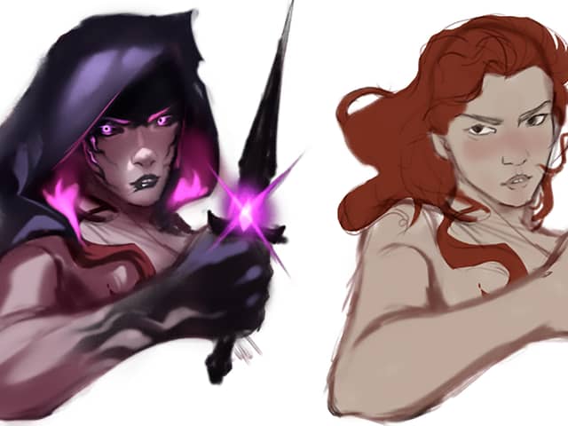 Character exploration: two passes of Clara side by side, one hooded and corrupted with magenta affinity glow, one a bare pencil-and-wash study