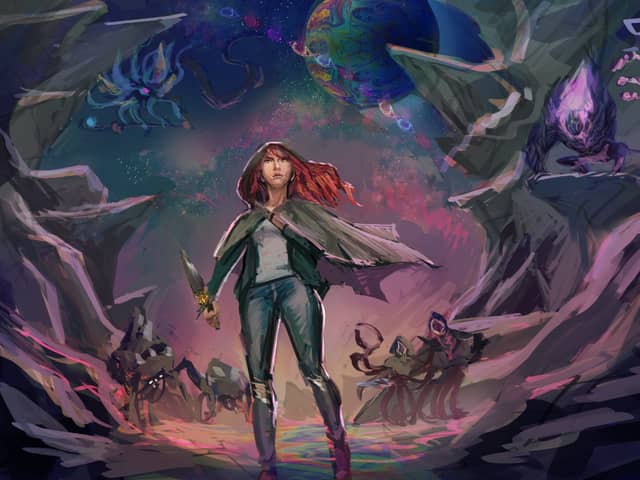 Key art: Clara stands dagger in hand on an iridescent dream plain, ringed by dormant alien horrors beneath a marbled planet