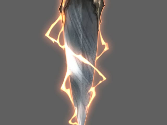 Clara's dagger wreathed in crackling orange flame, an ember-lit sigil set in the crossguard