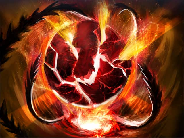 Card art for Sealed Bomb: a fractured molten core held in black talons, white fissures splitting its surface as fire erupts from within