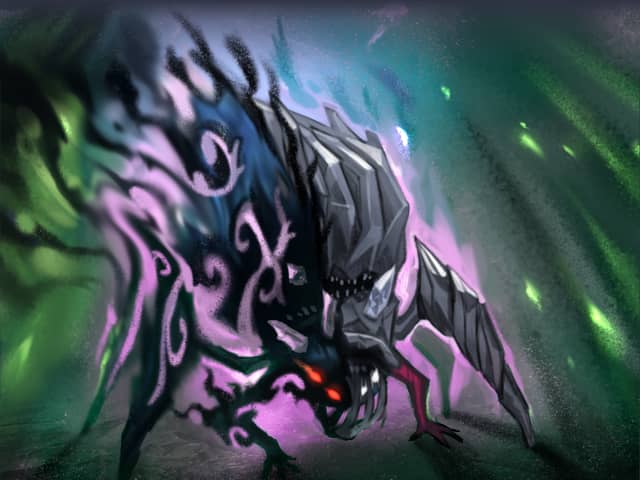 Card art for Shadow Walk: a hulking armoured beast with red eyes prowling forward, magenta sigils trailing from its shadow beneath a green aurora