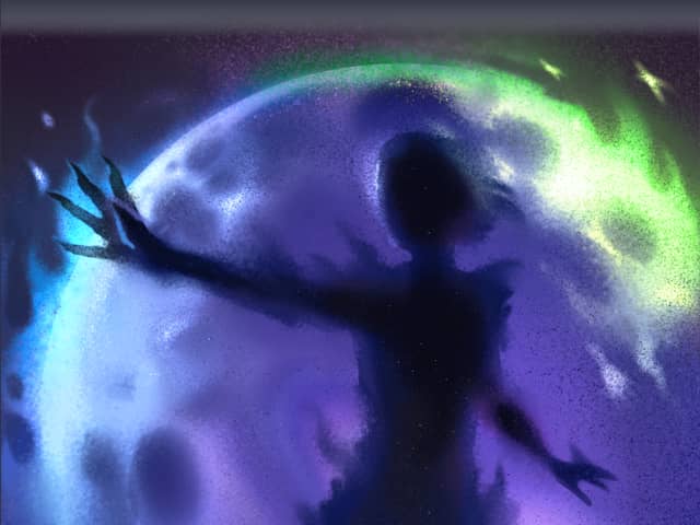 Card art for Sorrow's Shell: a clawed silhouette standing arms outstretched before a swelling violet dome edged in green aurora light