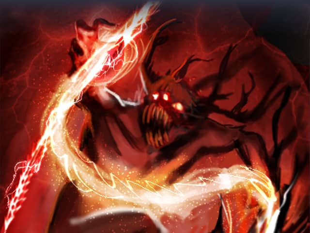 Card art for Steal Resource: an antlered red fiend with burning eyes, a lash of white-hot lightning coiling across its body
