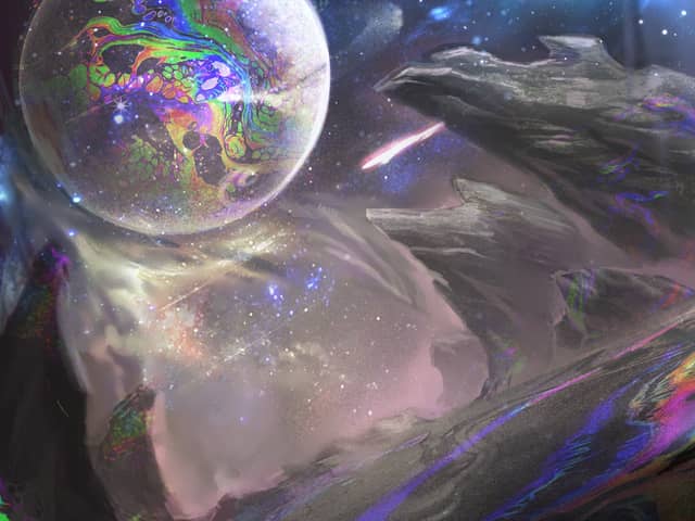Steam capsule art: a lone figure walking a rainbow-slicked ridge on a grey alien world, an iridescent bubble-marbled planet hanging over the cliffs