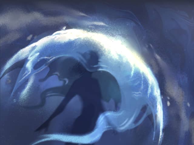 Card art for Threshold Barrier: a figure silhouetted behind a cresting dome of blue-white energy, spray and starlight breaking over its crest