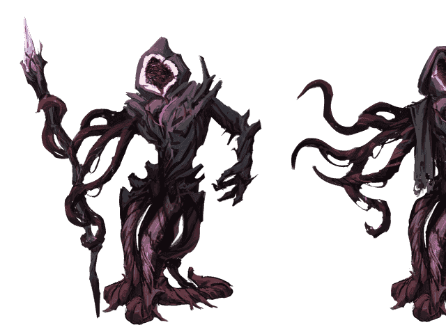 Enemy concept: two views of the Tormentor, a hooded tentacled figure whose cowl opens onto a glowing maw