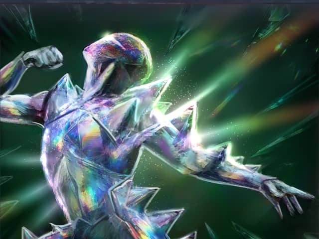 Card art for Vessel of the Untouched: a faceted crystalline warrior rearing back mid-strike, prismatic light refracting off its shards against a deep green field