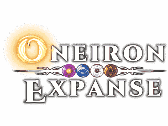 Oneiron Expanse wordmark: the title in white serif capitals, split by a row of four affinity orbs, with a golden spiral forming the leading O