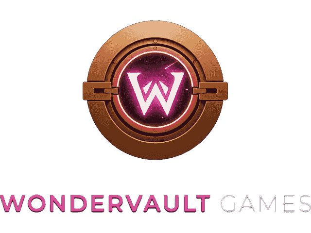 Wondervault Games horizontal logo on transparency: the copper porthole badge above the studio name set in magenta and grey capitals