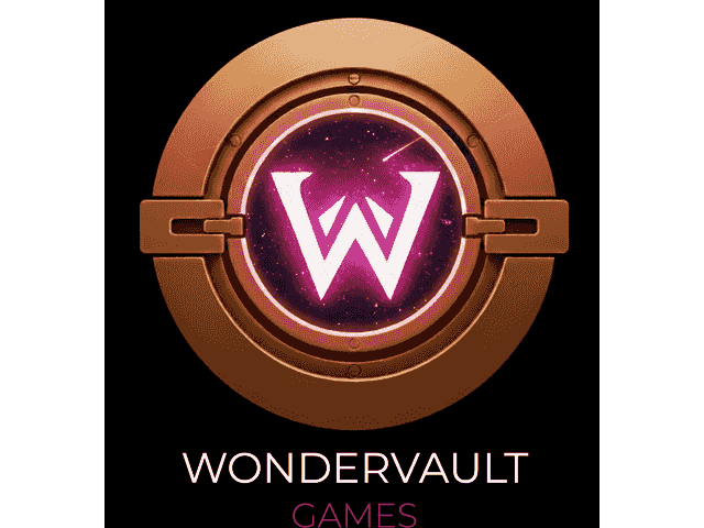 Wondervault Games stacked logo: a copper porthole enclosing a starfield W badge, with the studio name set beneath it