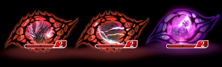 Three seals in a row, two crimson and one violet, each showing its break cost beneath it